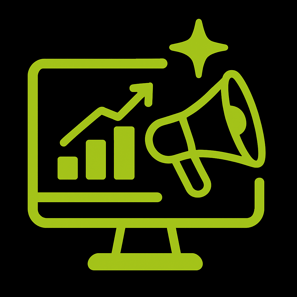 Icône illustrée du marketing numérique comportant un graphique en hausse et un mégaphone.