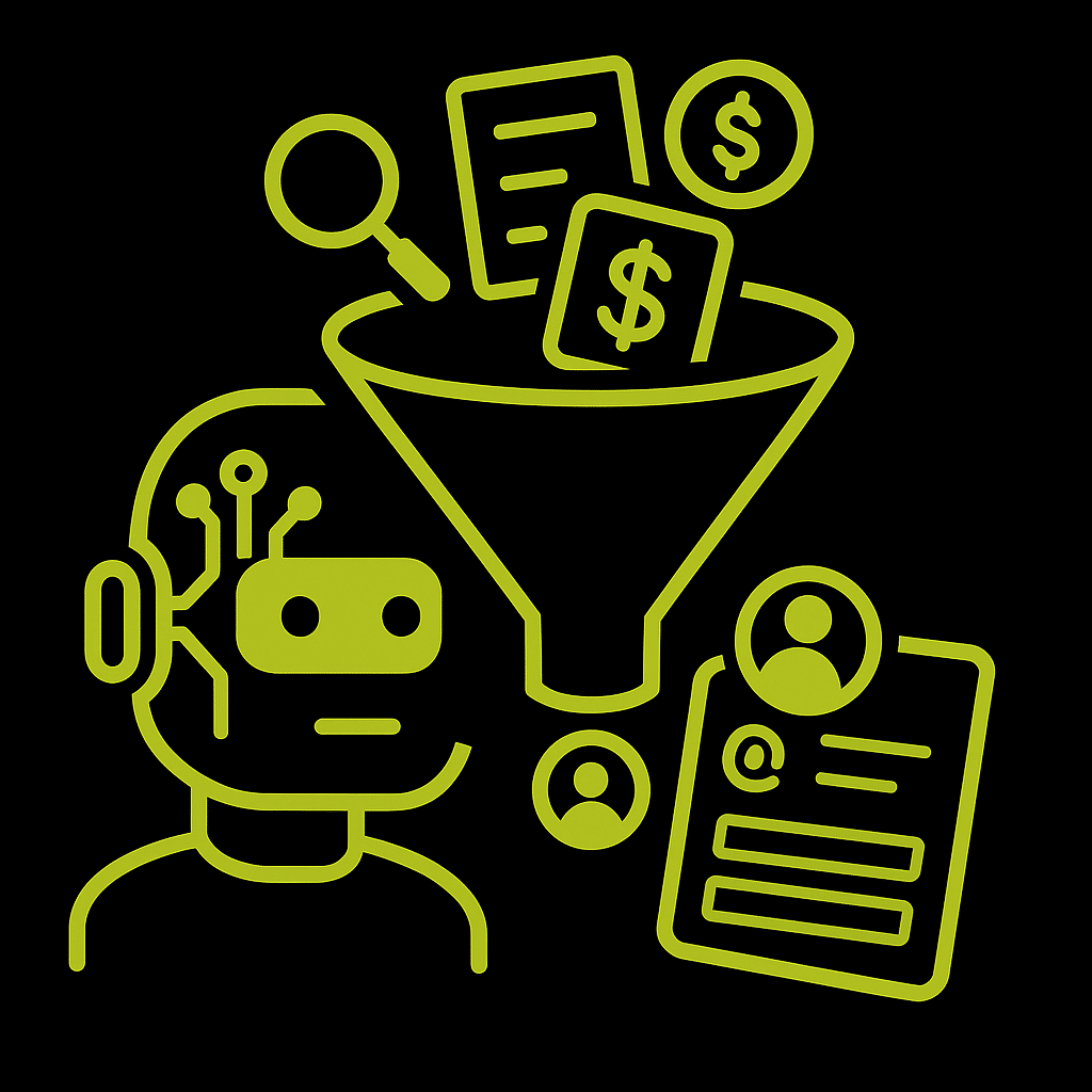 Illustration d'un robot IA et d'un entonnoir de génération de leads.