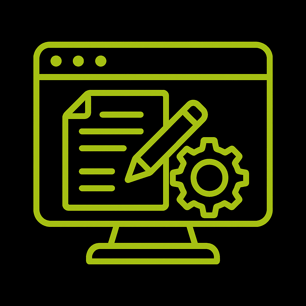 Icône de rédaction SEO avec écran, feuille, crayon et engrenage.