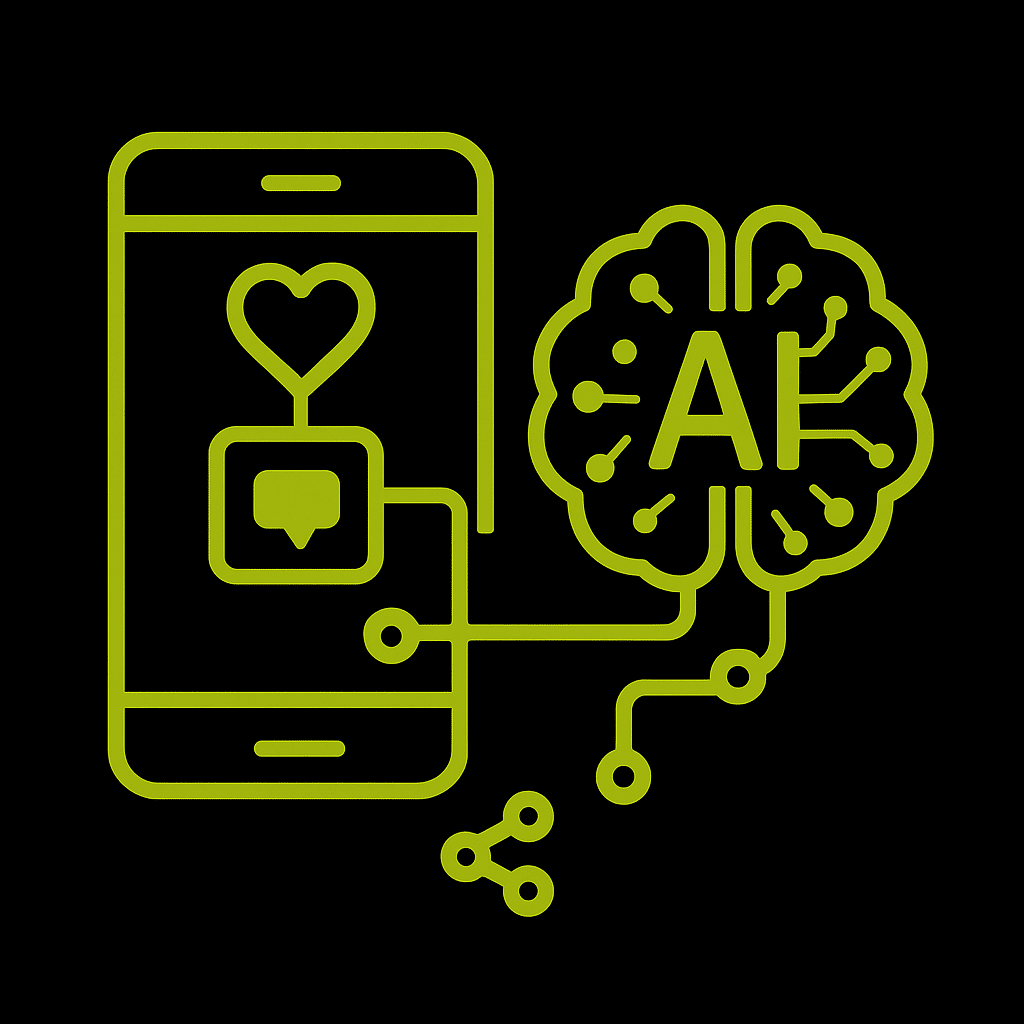 Smartphone illustré avec un cœur et une bulle de message, connecté à un cerveau d'intelligence artificielle.