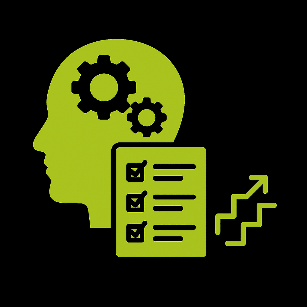 Profil de tête avec engrenages et checklist, représentant un persona marketing.