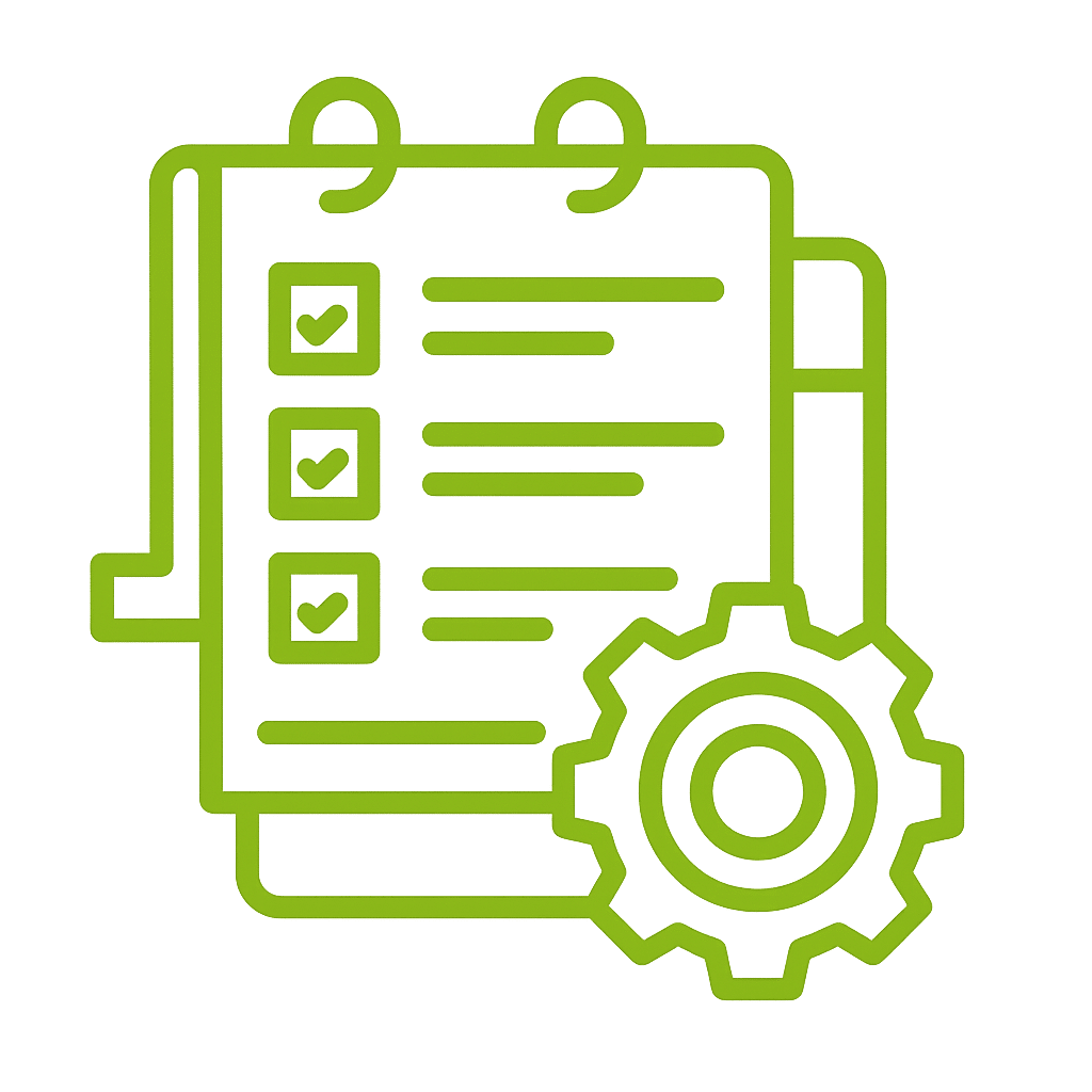Liste de contrôle sur un bloc-notes avec une roue dentée en arrière-plan vert.