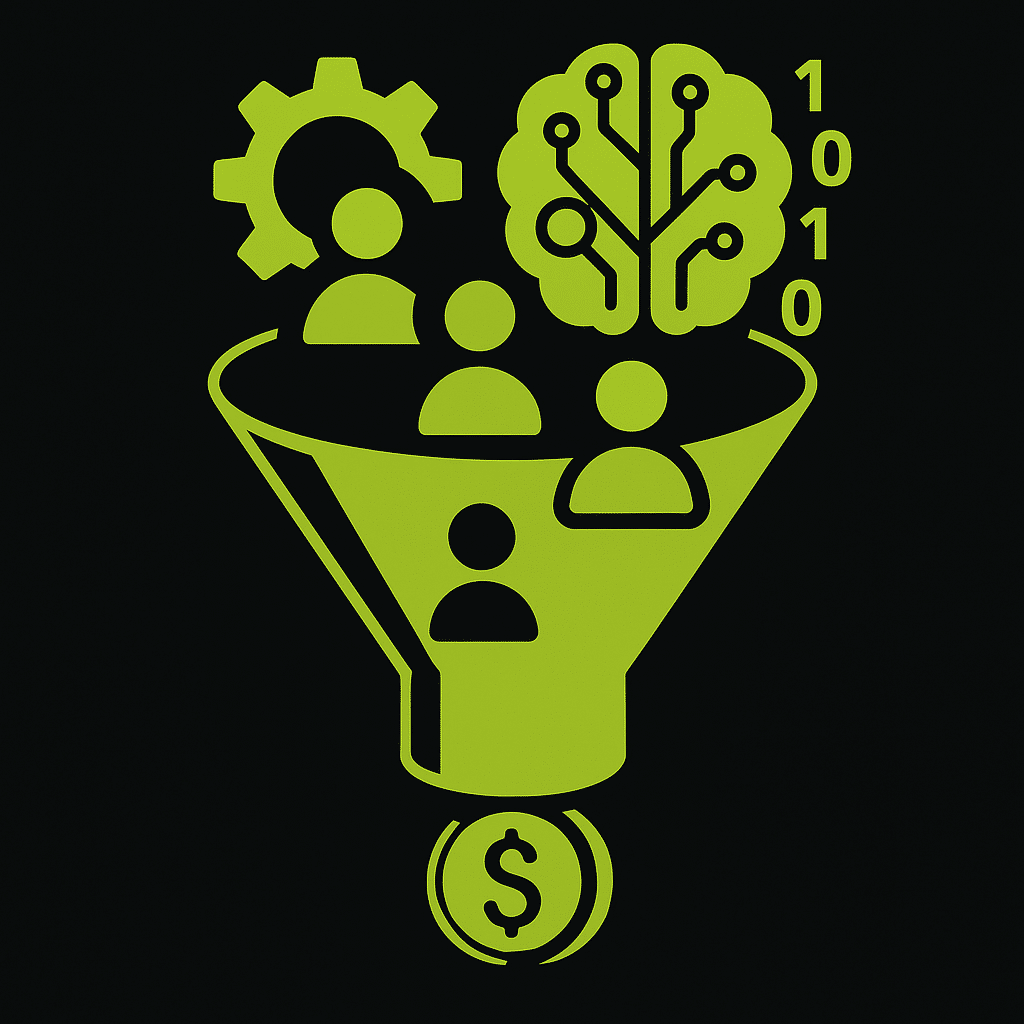 Image illustrant l'automatisation de la génération de leads via l'IA, avec des symboles de cerveau, d'engrenage et de pièce de monnaie.