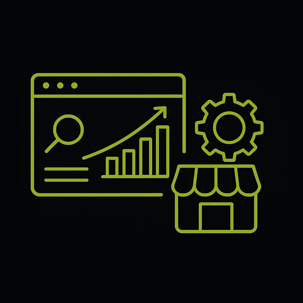 Icônes de SEO avec graphique de croissance, loupe, engrenage, et boutique.
