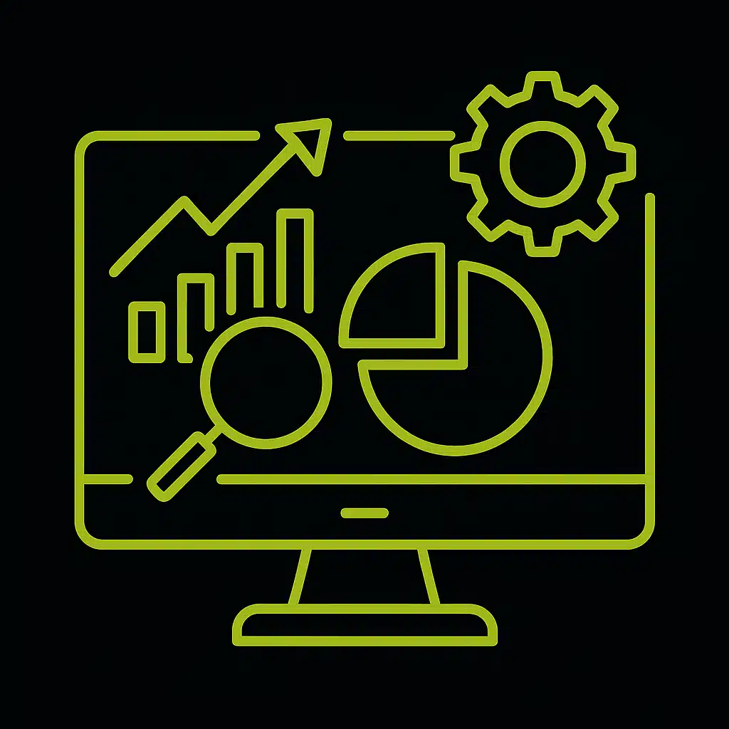 Illustration d'un écran avec des graphiques et une loupe représentant l'analyse SEO.