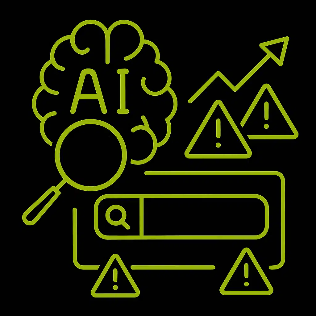 Illustration d'un cerveau marqué 'AI', avec des symboles de recherche et de mise en garde.
