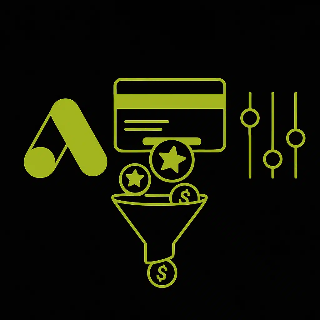 Icônes de Google Ads avec un entonnoir de conversion et des paramètres de réglage.