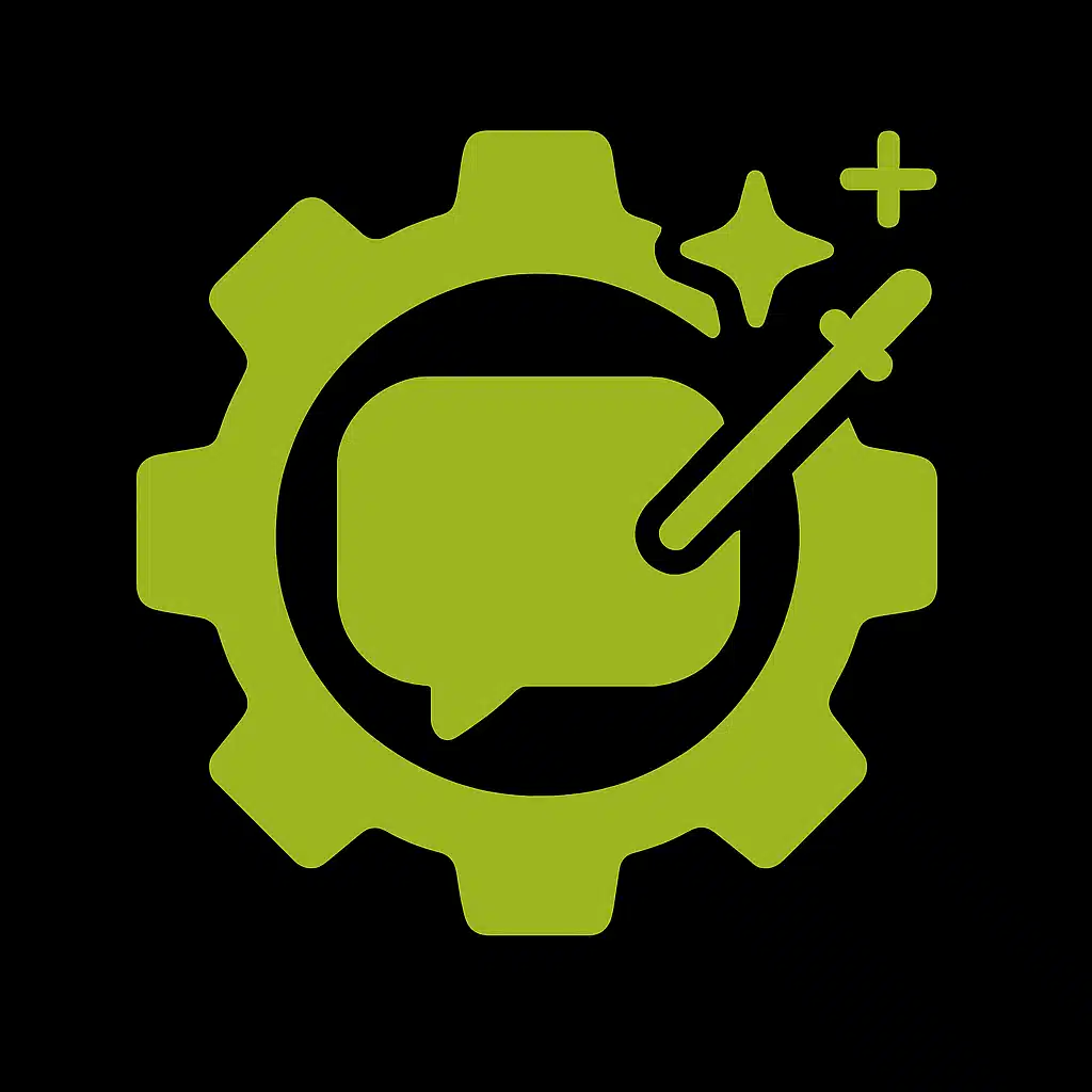 Icône d'engrenage avec bulle et baguette magique, symbolisant l'optimisation des contenus.