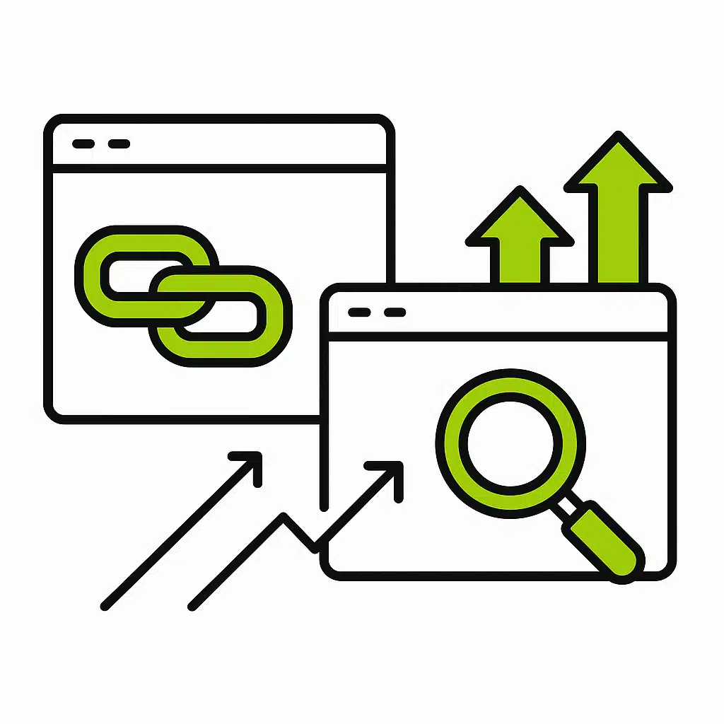 Image de fenêtres de navigateur avec des liens et une loupe, illustrant l'impact des backlinks sur le SEO.