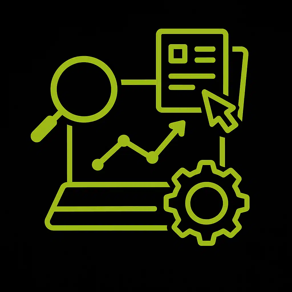 Icônes de loupe, graphique, document et engrenage pour le webmarketing.