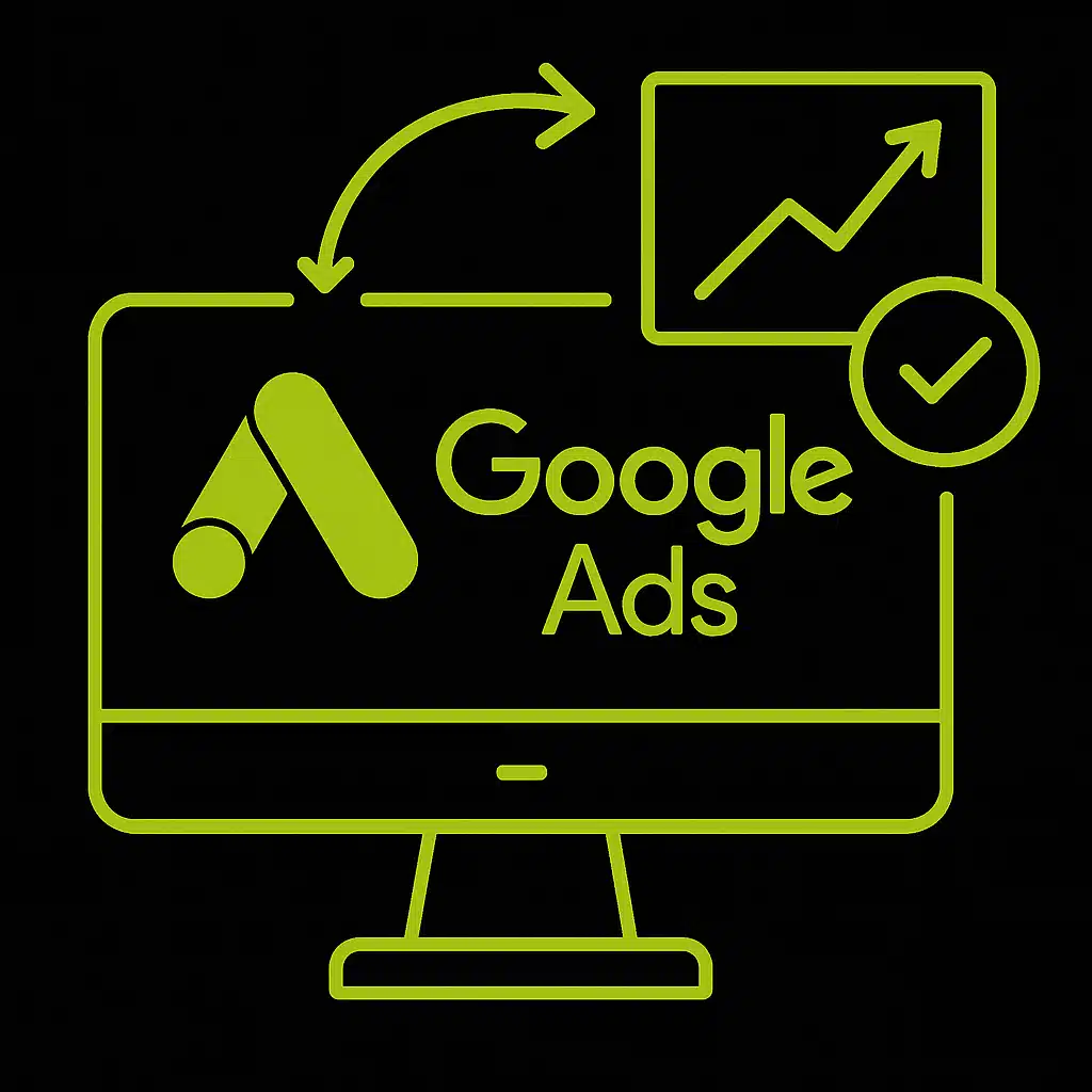 Écran d'ordinateur affichant Google Ads avec symbole de croissance et validation.