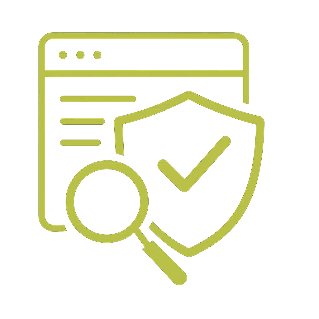 Illustration d'une page web avec une loupe et un bouclier avec une coche.