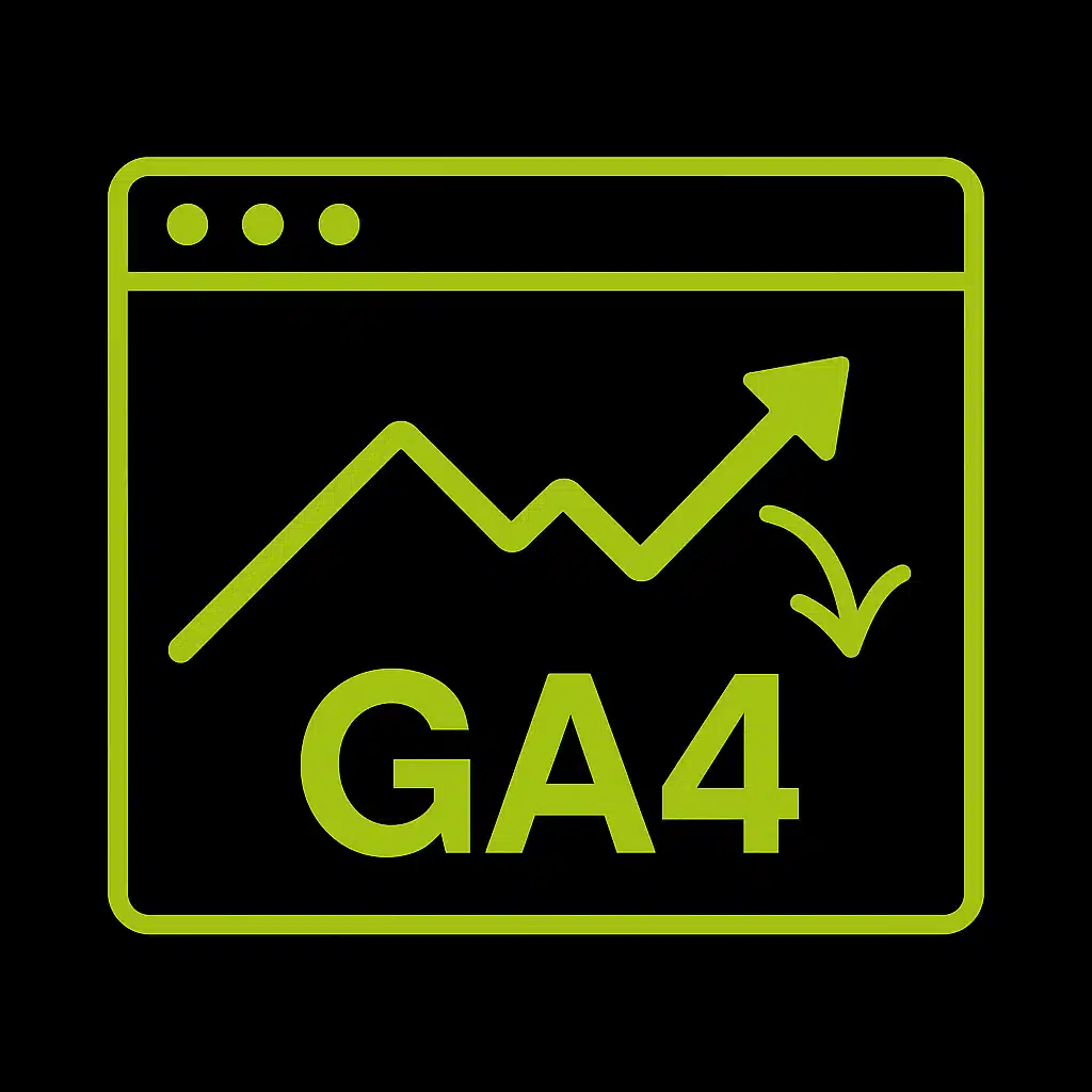 Graphique montrant une courbe ascendante et le texte GA4, représentant l'analyse de données.