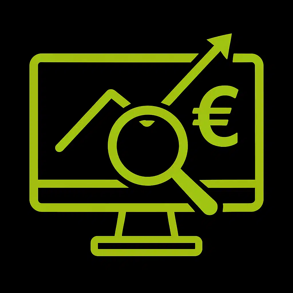 Écran avec loupe et symboles de croissance et euro, illustrant l'importance du SEO pour le ROI.