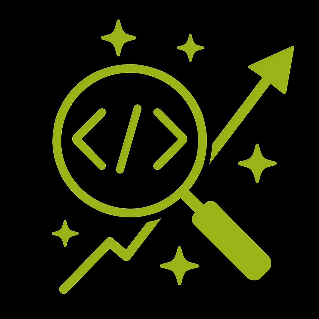 Icône de loupe avec code et flèche ascendante, représentant l'optimisation SEO.