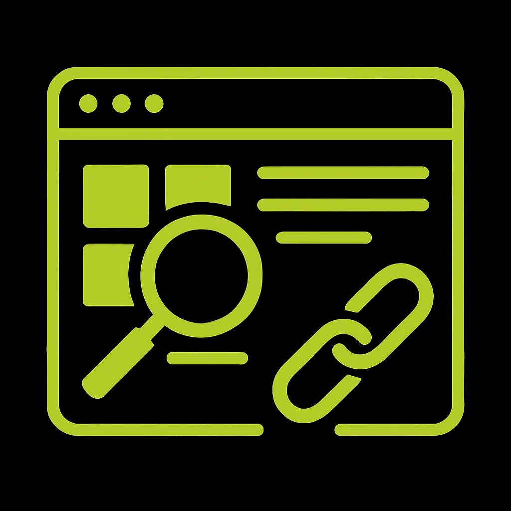 Graphique montrant une loupe, un lien et une fenêtre web pour le SEO et le maillage interne.