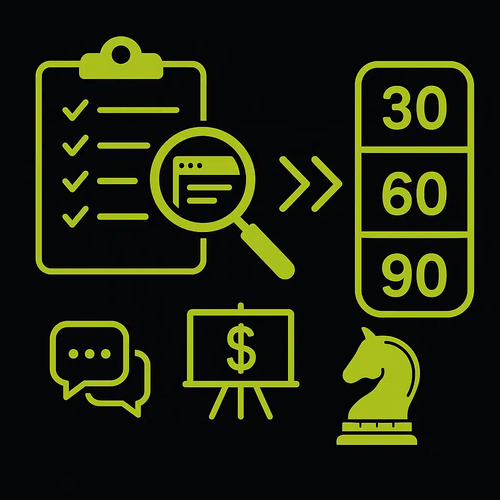 Icônes représentant un audit SEO avec checklist, loupe, délais, dialogue, finance et stratégie d’échecs.