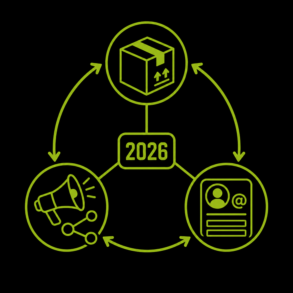 Diagramme illustrant les priorités du marketing B2B en 2026 avec des icônes de distribution, communication et audience.