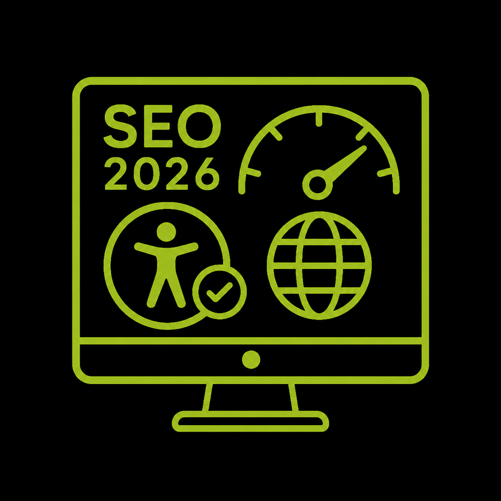 Icônes illustrant SEO 2026 avec accessibilité, performance et globe.