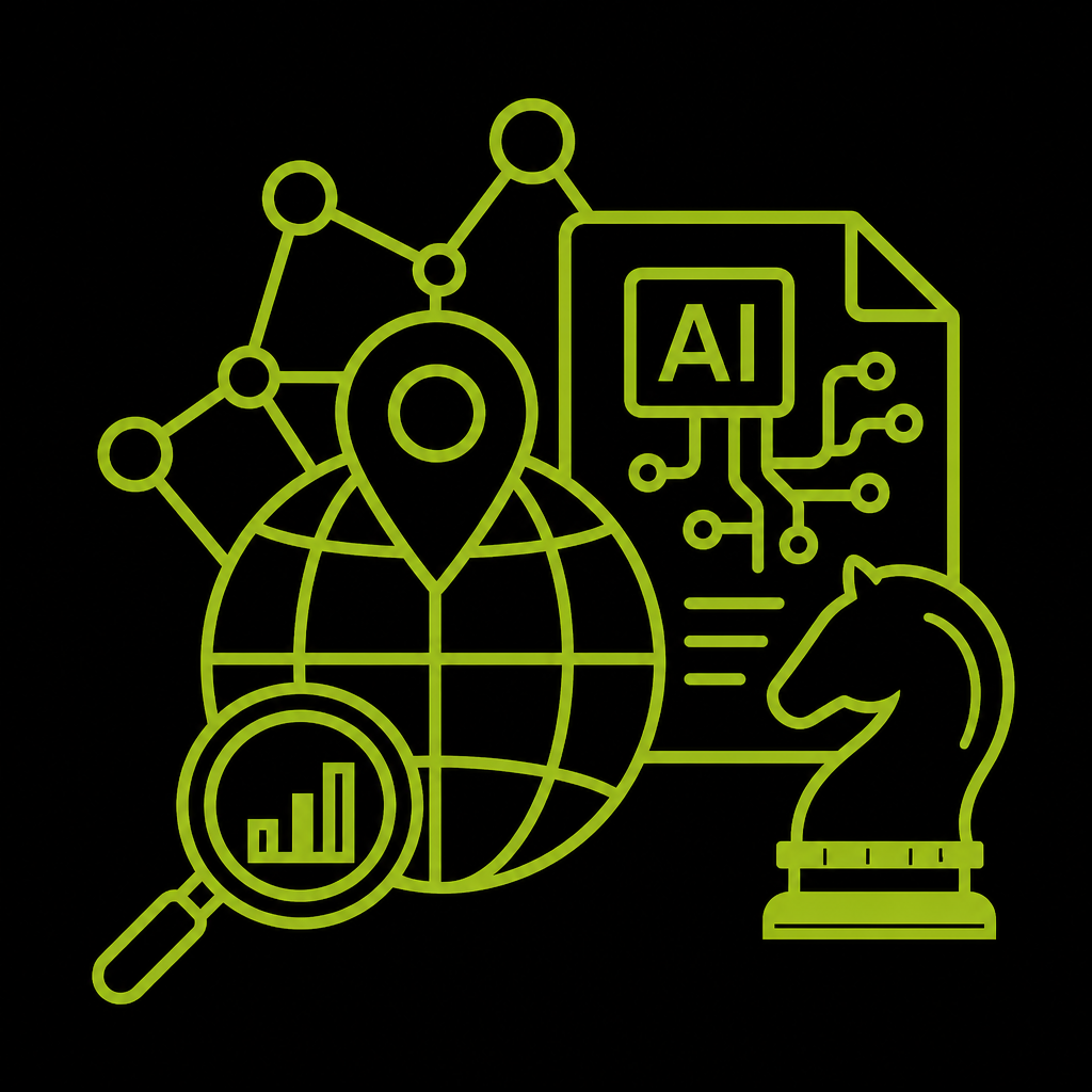 Icônes représentant la stratégie SEO avec un globe, des connexions numériques, et une pièce d'échecs.