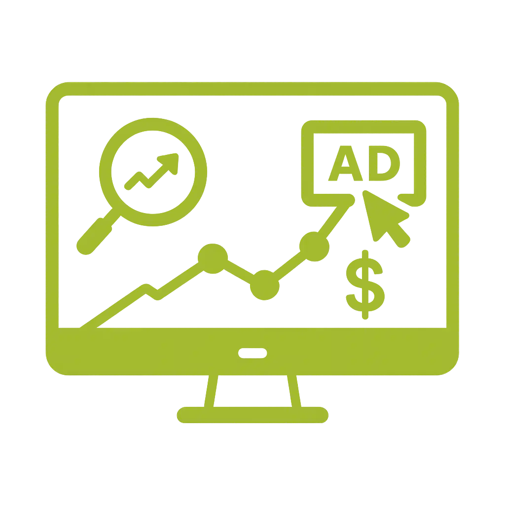 Écran montrant des icônes de stratégie SEO et SEA, incluant une loupe, un graphique, une publicité, et un dollar.