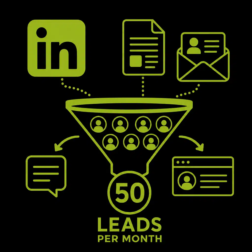Diagramme montrant un entonnoir de conversion avec des icônes LinkedIn, documents, emails et profils menant à 50 leads par mois.