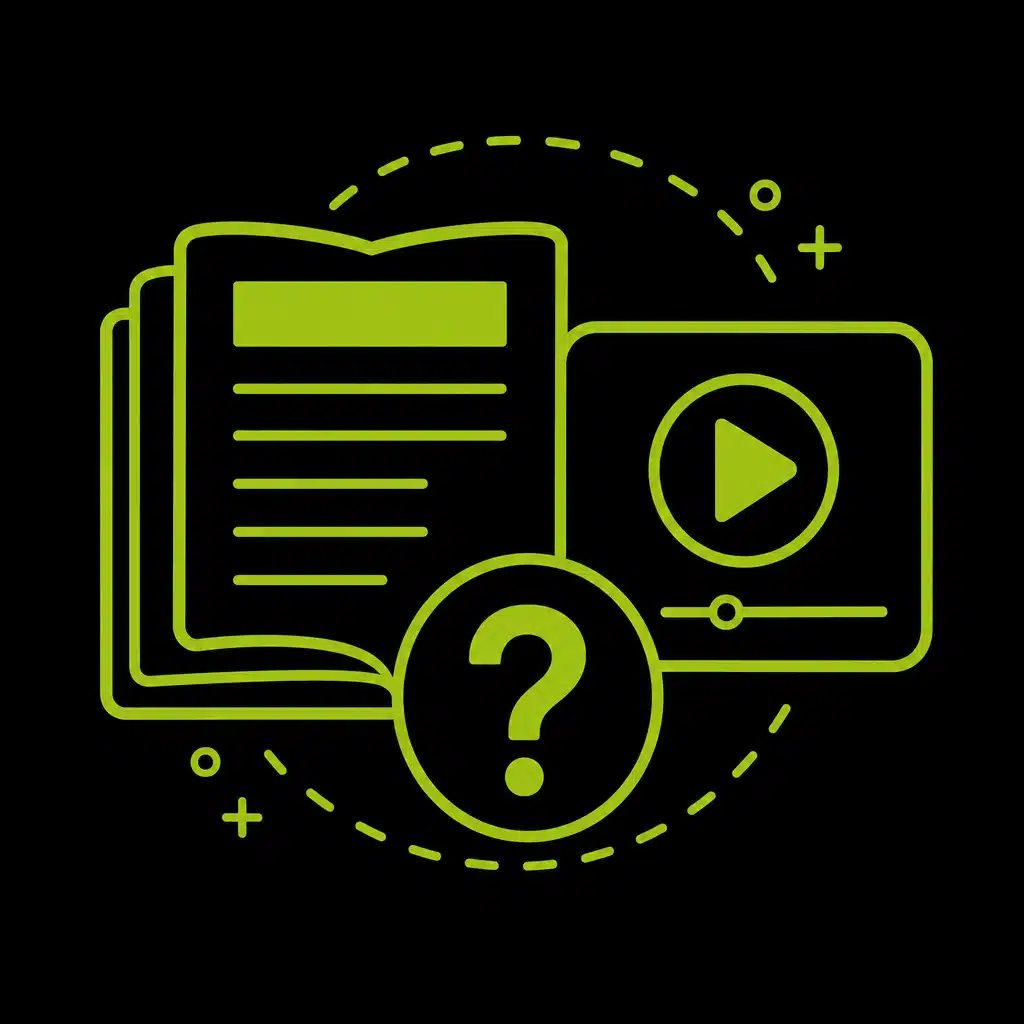 Illustration de divers formats de contenu SEO avec un livre, une vidéo et un point d'interrogation.