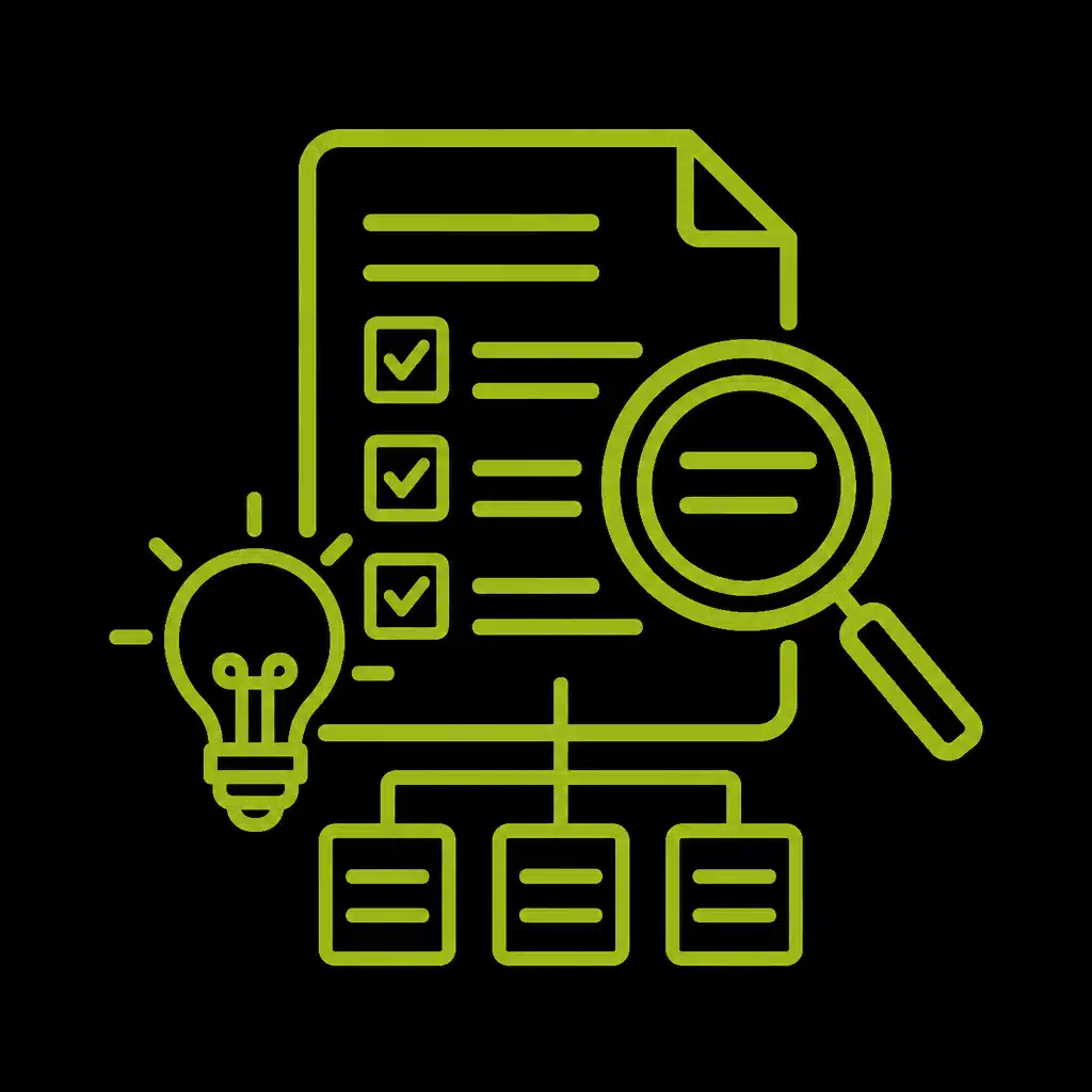 Illustration de la planification SEO avec une loupe, une ampoule et un document.