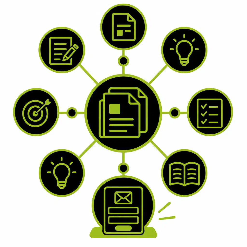 Illustration d'un hub de documents connecté à diverses idées et objectifs.