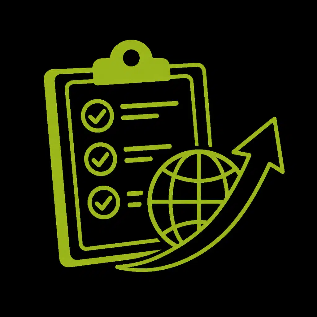 Illustration d'une checklist avec un globe et une flèche ascendante.