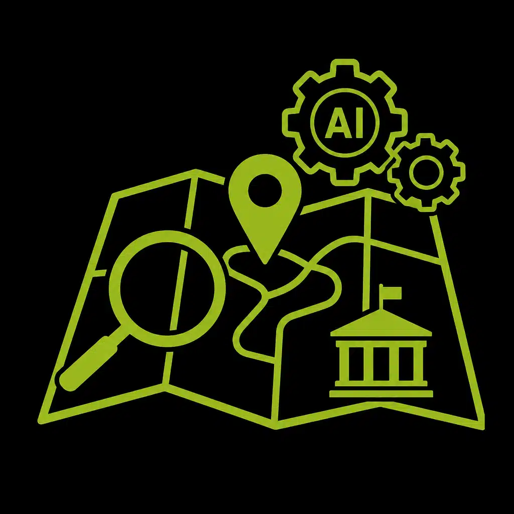 Carte avec loupe, point de localisation, rouages IA, et bâtiment touristique.