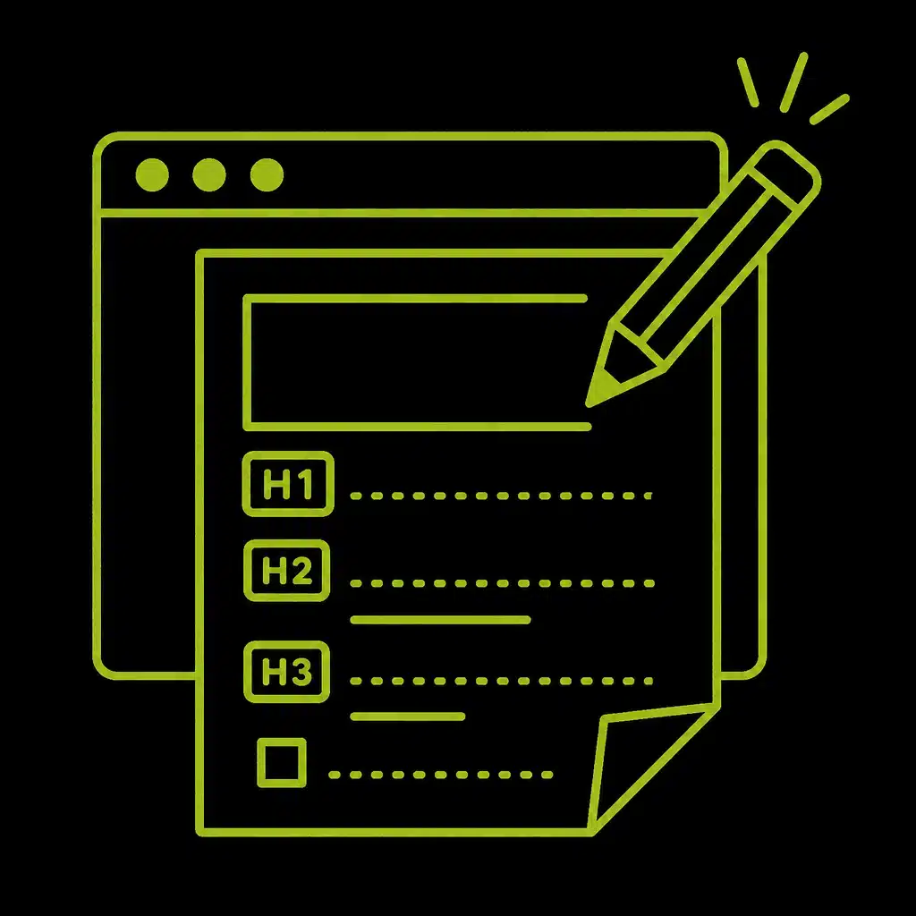Illustration de rédaction de contenu avec en-têtes H1, H2, et H3 et un crayon.
