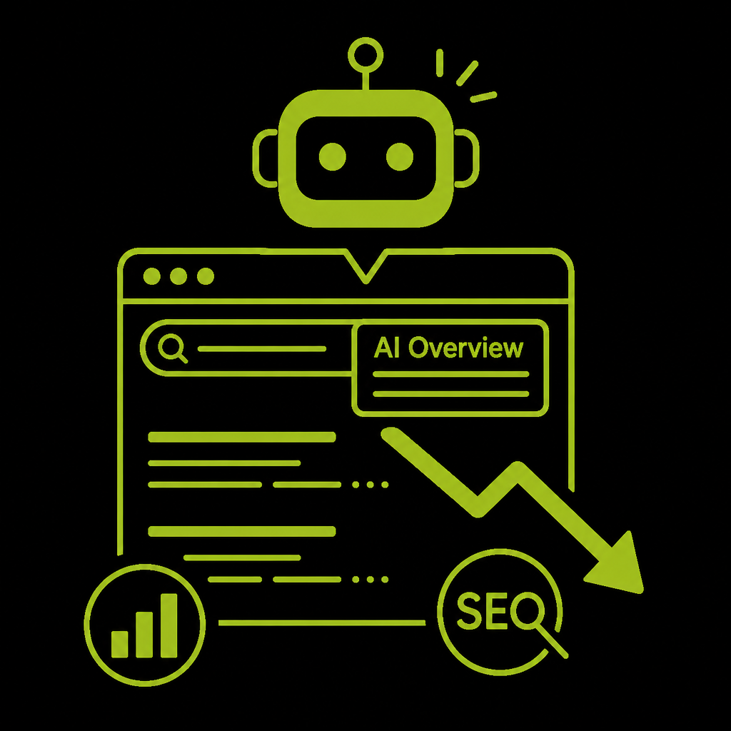 Représentation graphique montrant un robot et des éléments SEO avec une flèche indiquant une baisse.
