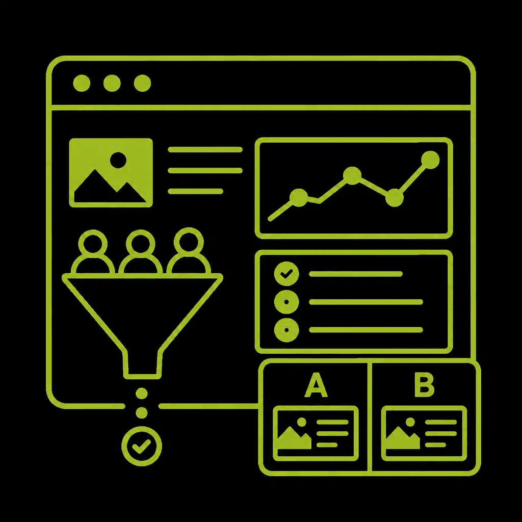 Diagramme de page de destination avec entonnoir, graphique et tests A/B.