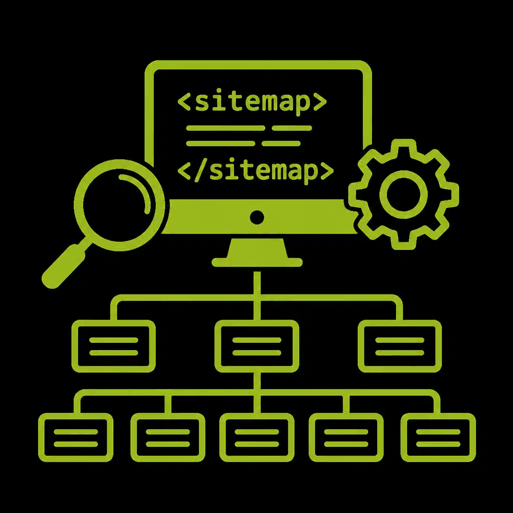 Illustration d'un sitemap XML avec un écran, une loupe et un engrenage.