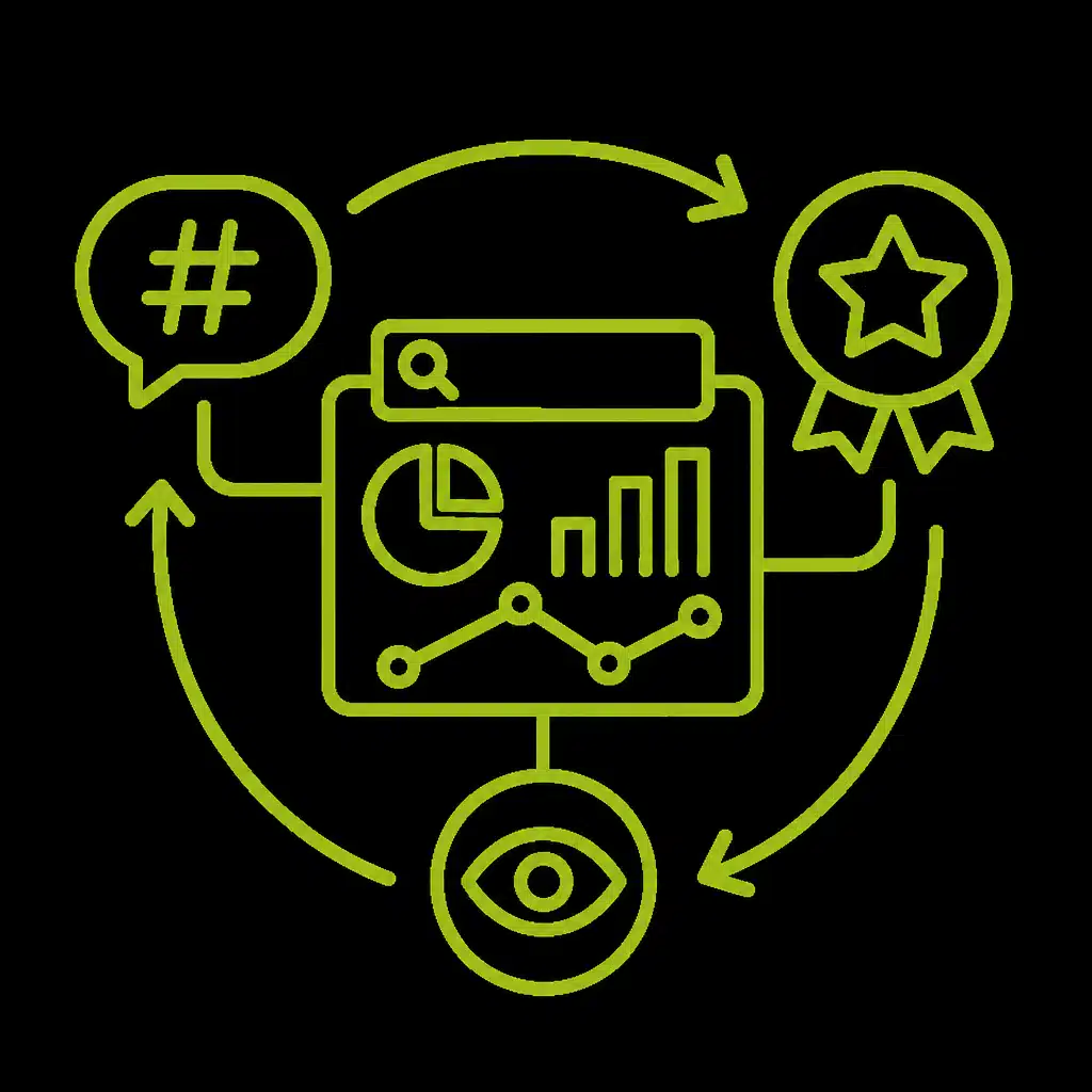 Diagramme montrant des graphiques et icônes liés à la performance en ligne.
