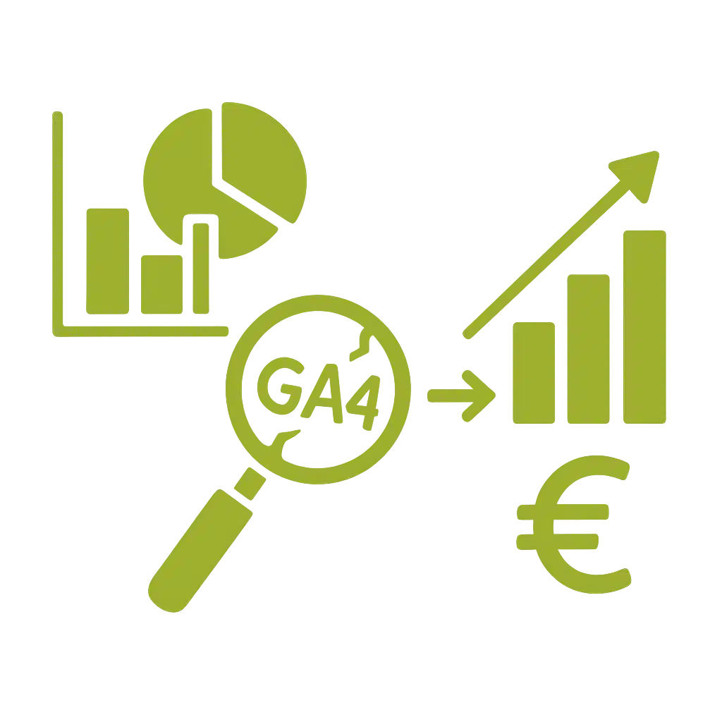 Illustration montrant GA4, des graphiques et un symbole euro.