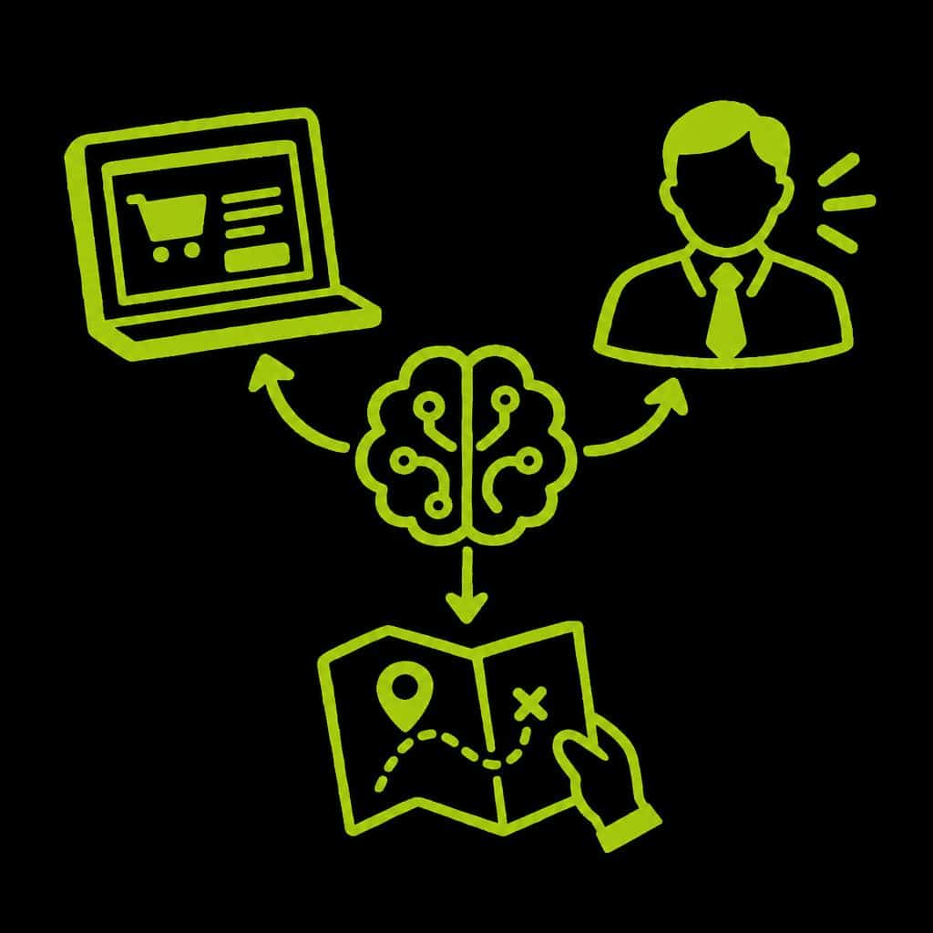 Illustration verte sur fond noir montrant un cerveau numérique relié par des flèches à un ordinateur affichant une boutique en ligne, à un représentant commercial et à une carte de parcours d’achat.