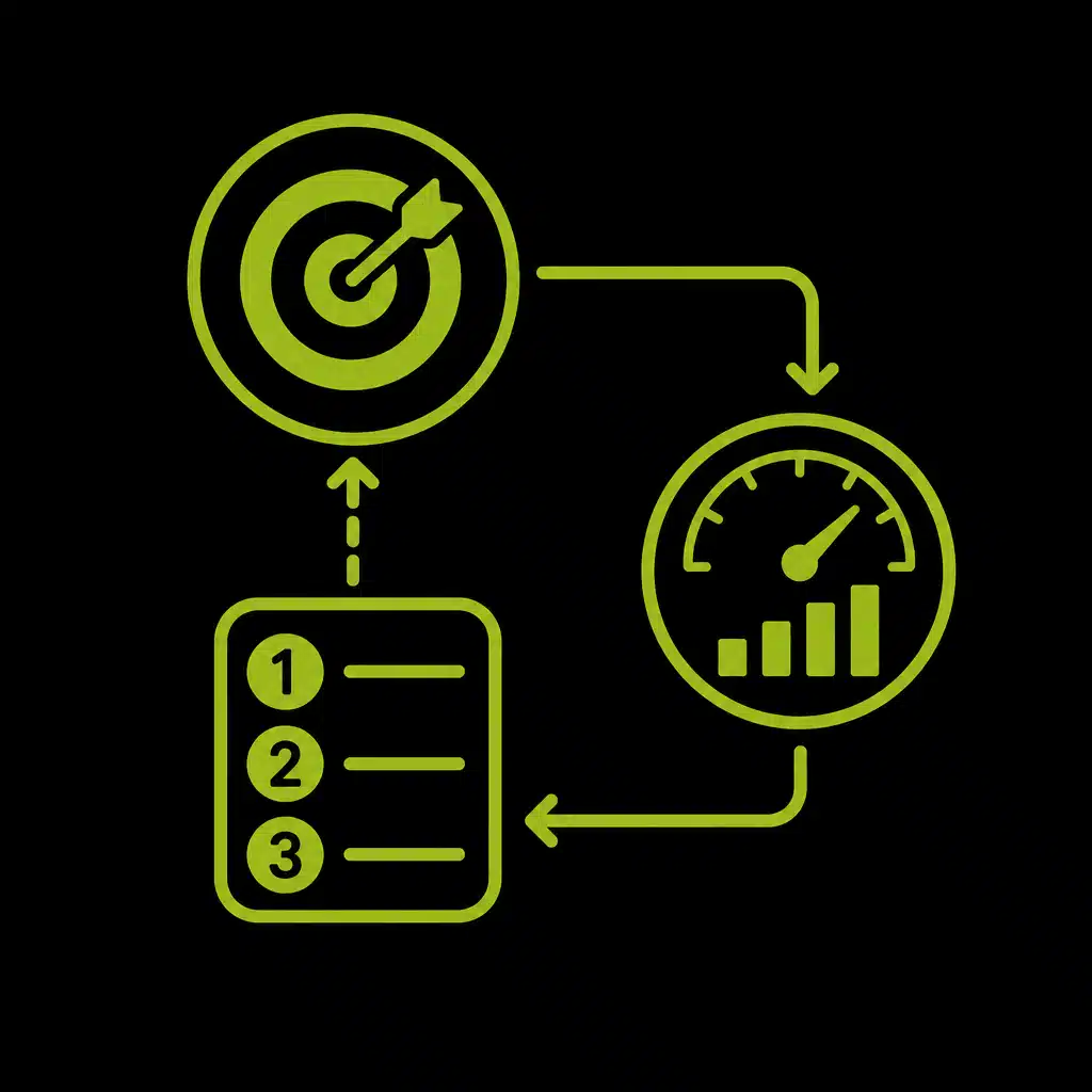 Schéma du lien entre objectifs, KPI et priorités en stratégie SEO avec des icônes de cible, liste et compteur.